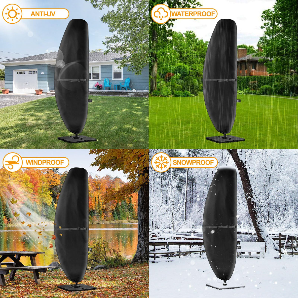 Kipiea cover on a patio scene highlighting fit for 7-11.5-foot offset umbrellas