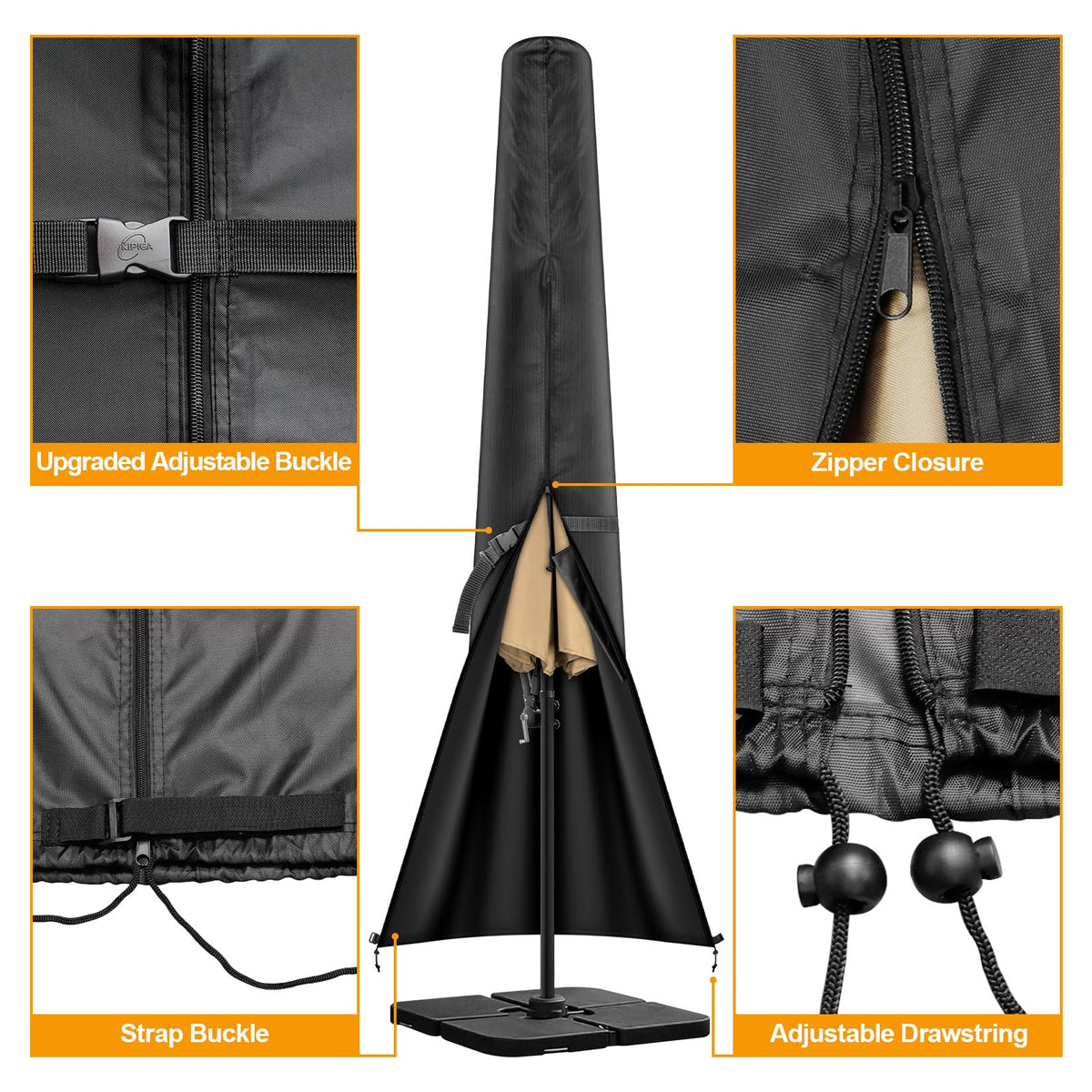Kipiea zipper and buckle secure closure on durable umbrella cover