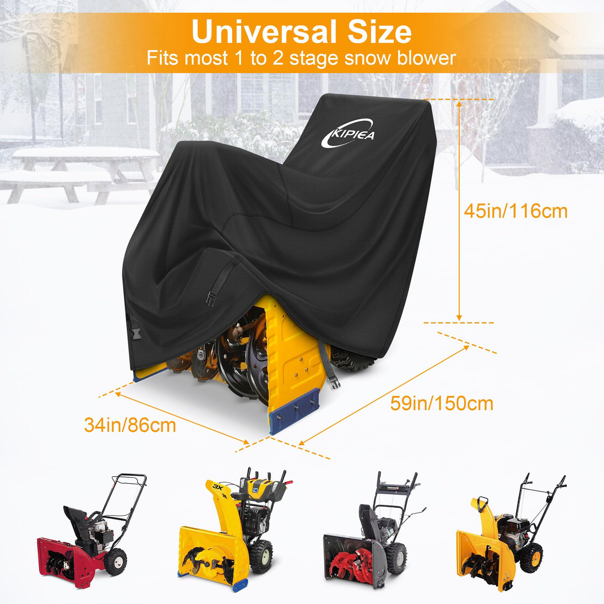 Kipiea cover fits 20-28 inch models, protecting your snow blower during winter
