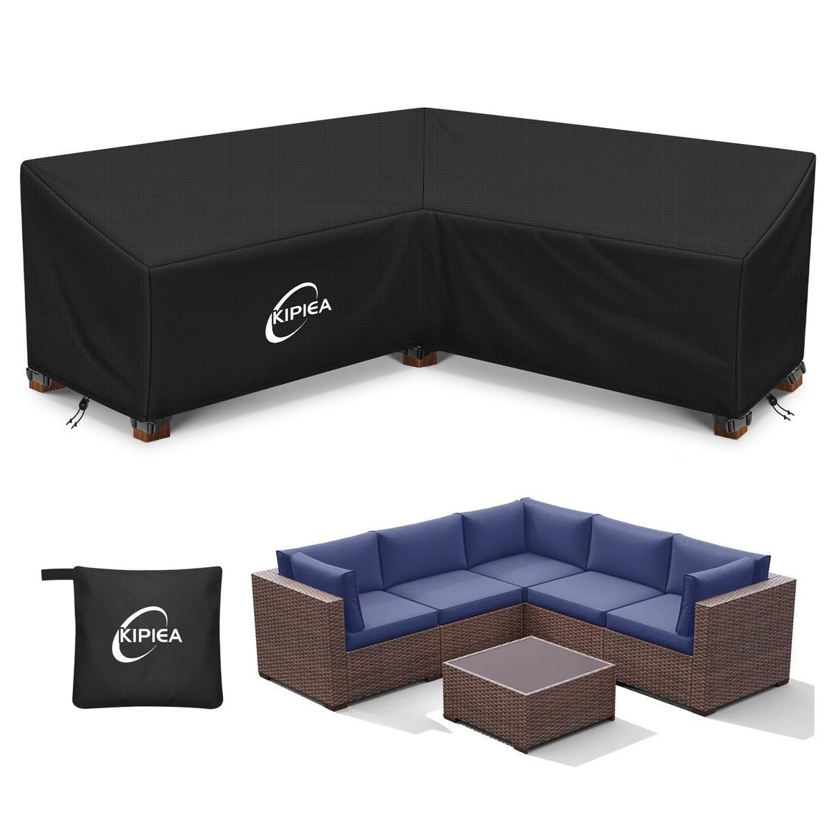 Kipiea V-Shape outdoor sectional cover front view protecting lounge furniture from rain