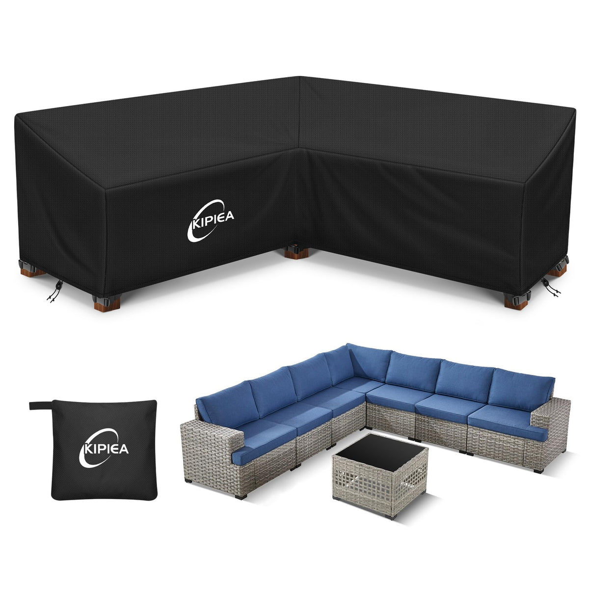 Kipiea V-Shape Sectional Cover full view protecting an L shaped sofa from the elements