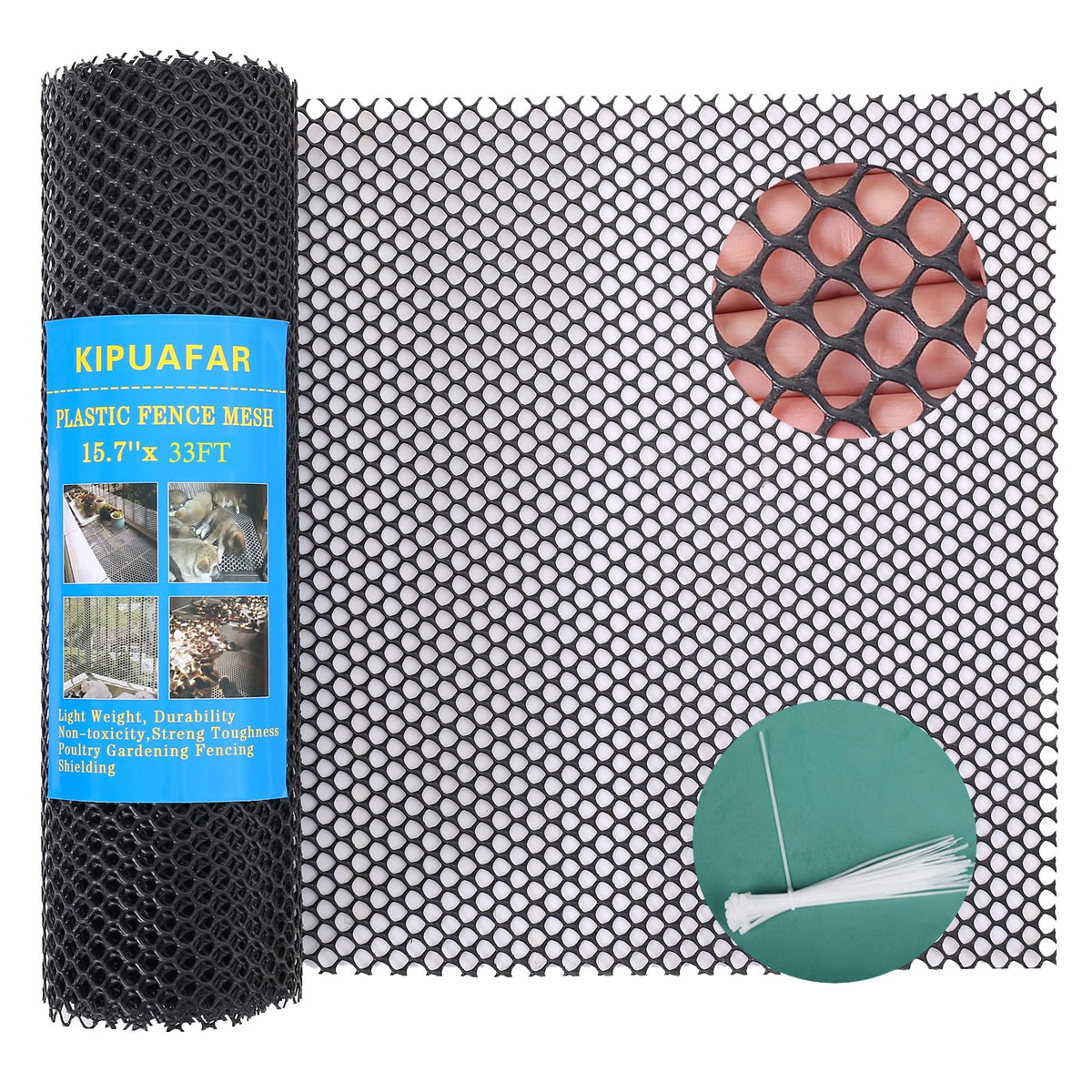 Kipuafar black plastic wire mesh fence shows a durable 33ft outdoor barrier.