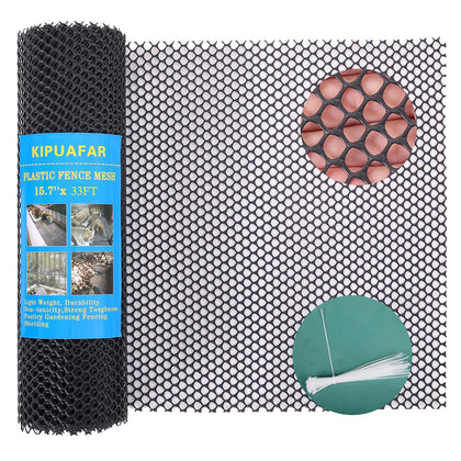 Kipuafar black plastic wire mesh fence shows a durable 33ft outdoor barrier.