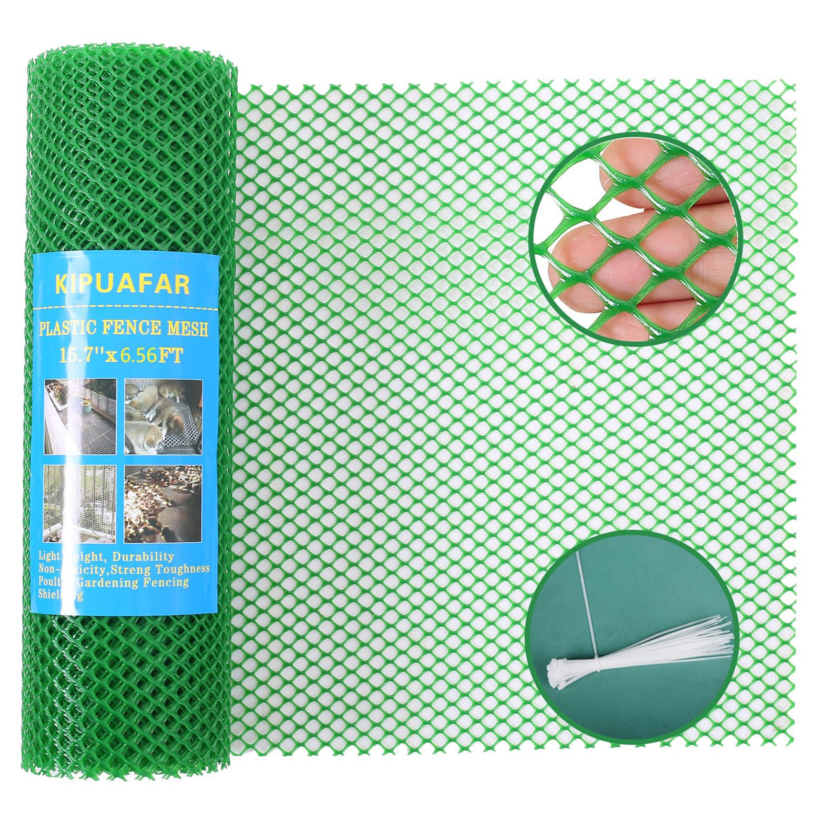 Kipuafar plastic wire mesh fence roll in green as a versatile barrier for poultry and gardens