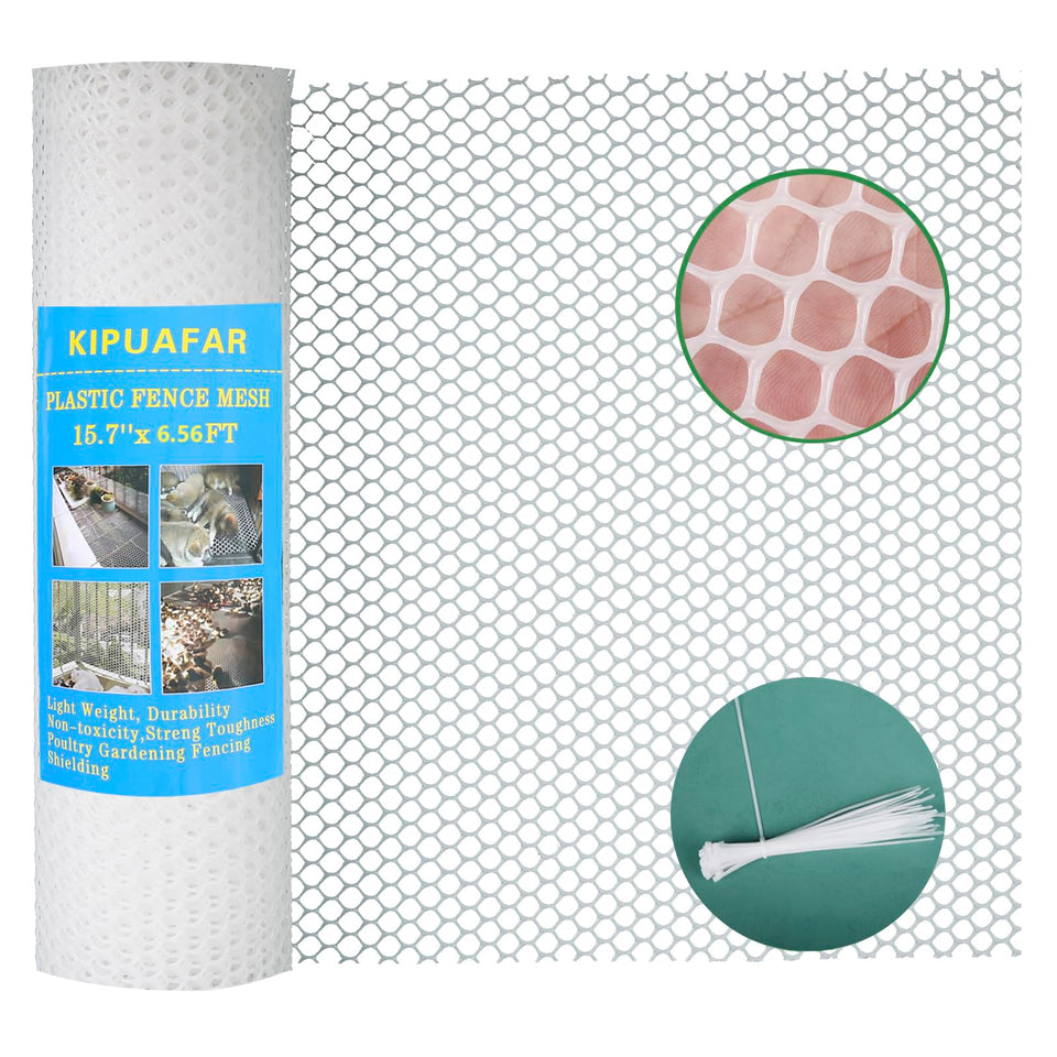 Kipuafar white plastic wire mesh fence front view, a durable outdoor barrier for yards.