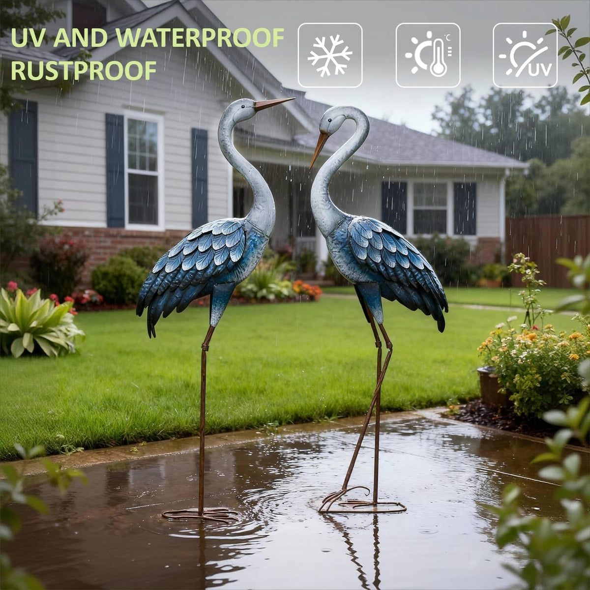 Kircust blue heron statue ground-stake-secure placement for stable garden display.