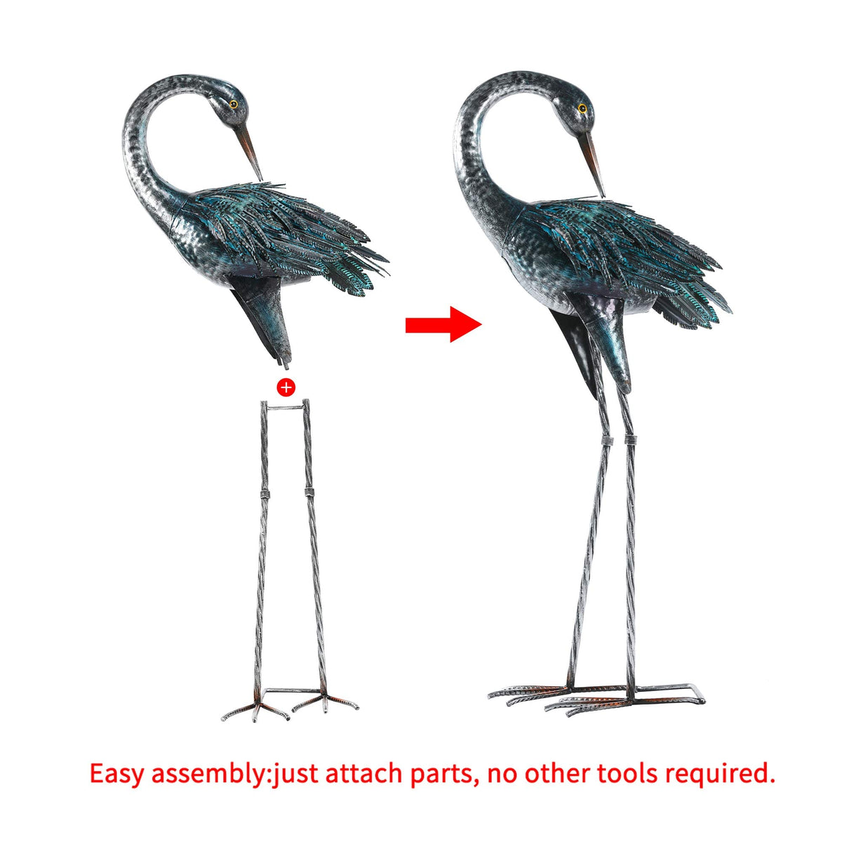 Kircust metal heron decor includes ground stakes for secure placement