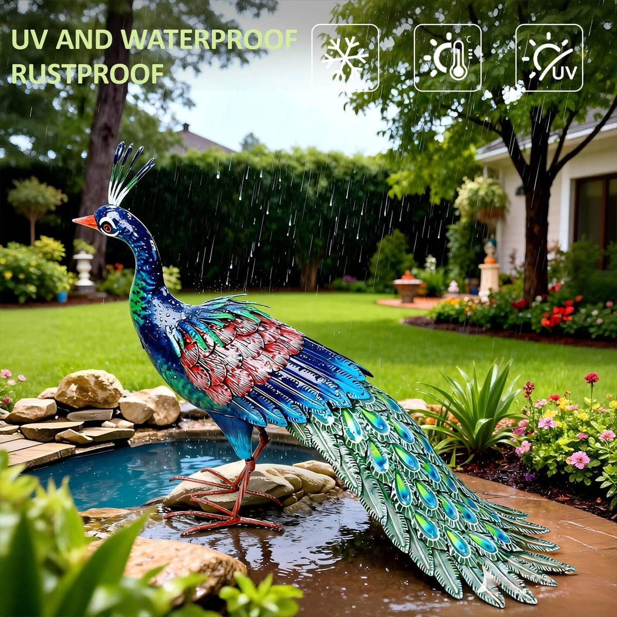 Kircust weatherproof peacock statue withstands sun and rain for outdoor spaces.