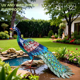 Kircust weatherproof peacock statue withstands sun and rain for outdoor spaces.