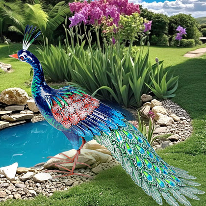Kircust 24-inch metal peacock statue enhances garden décor with timeless elegance.