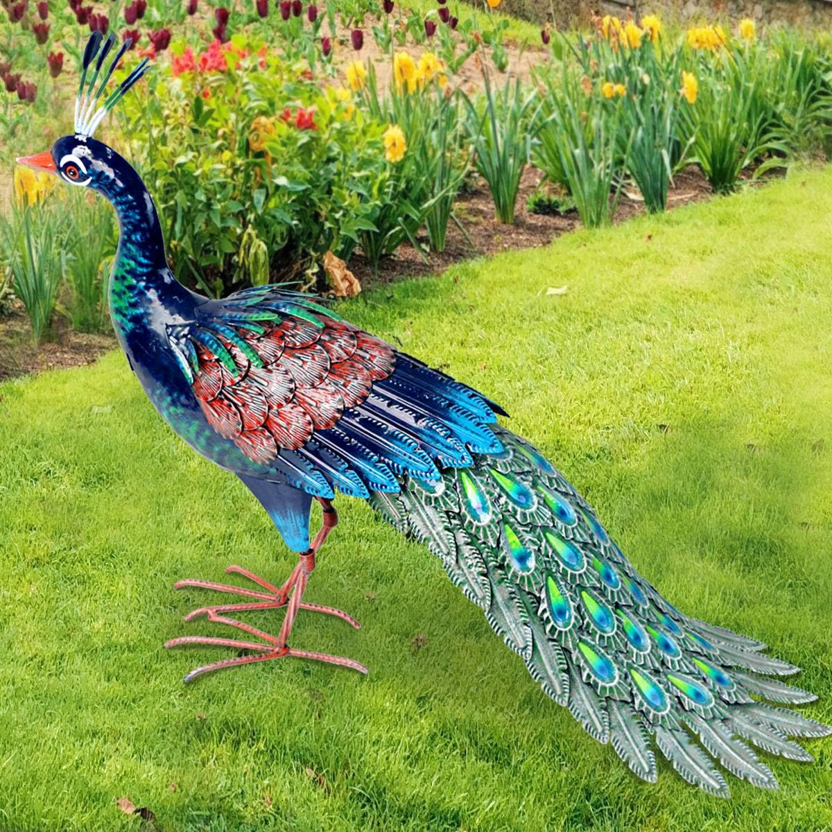 Kircust hand-finished peacock statue greets guests at entrances.