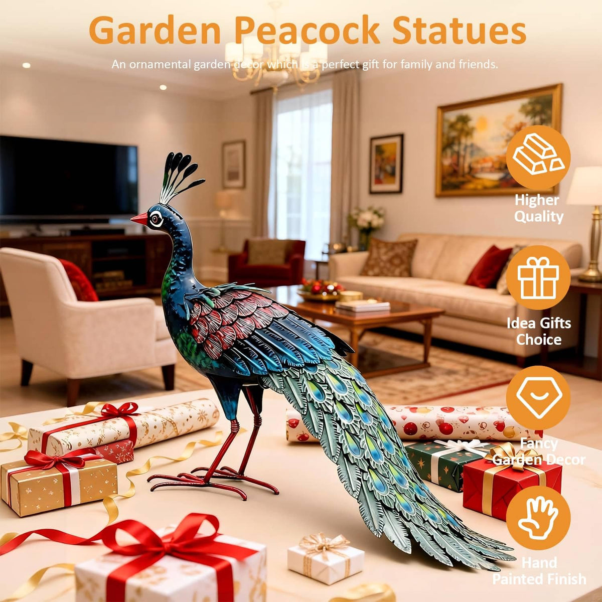 Kircust vibrant peacock feathers highlight colorful garden features.