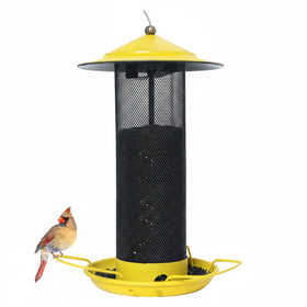 KiRuan Deco finch feeder outdoors, mesh-tube design, 12-inch yellow, easy garden spotting.