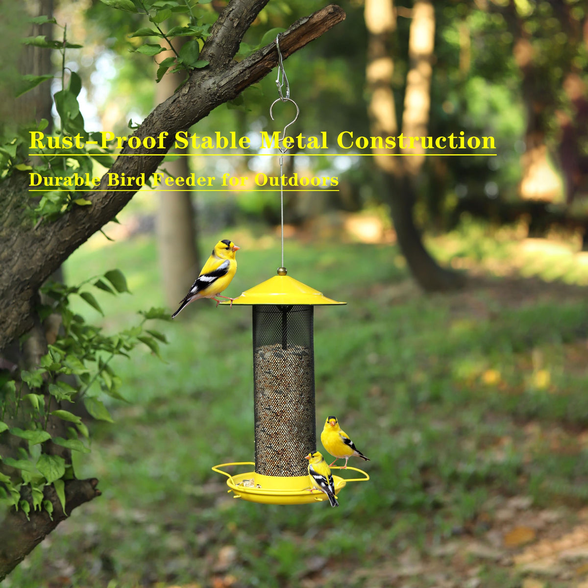 KiRuan Deco thistle bird feeder outdoors, hanging setup attracts songbirds with accessible seeds.