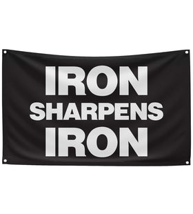 Kisstarry Iron Sharpens Iron banner enhances gym motivation with bold typography.