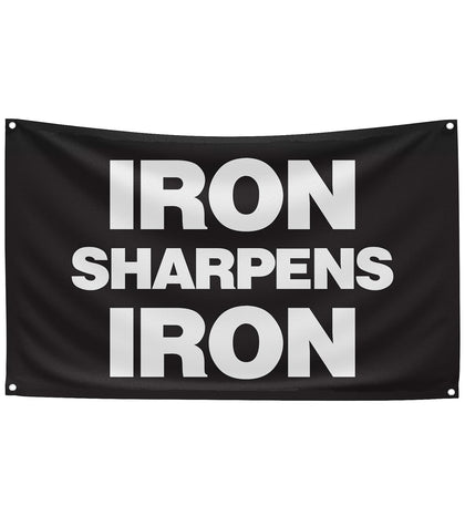Kisstarry Iron Sharpens Iron banner enhances gym motivation with bold typography.