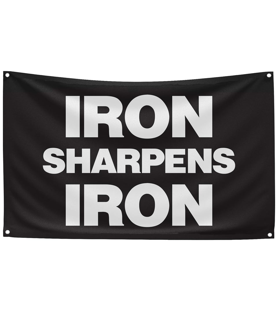 Kisstarry Iron Sharpens Iron banner enhances gym motivation with bold typography.