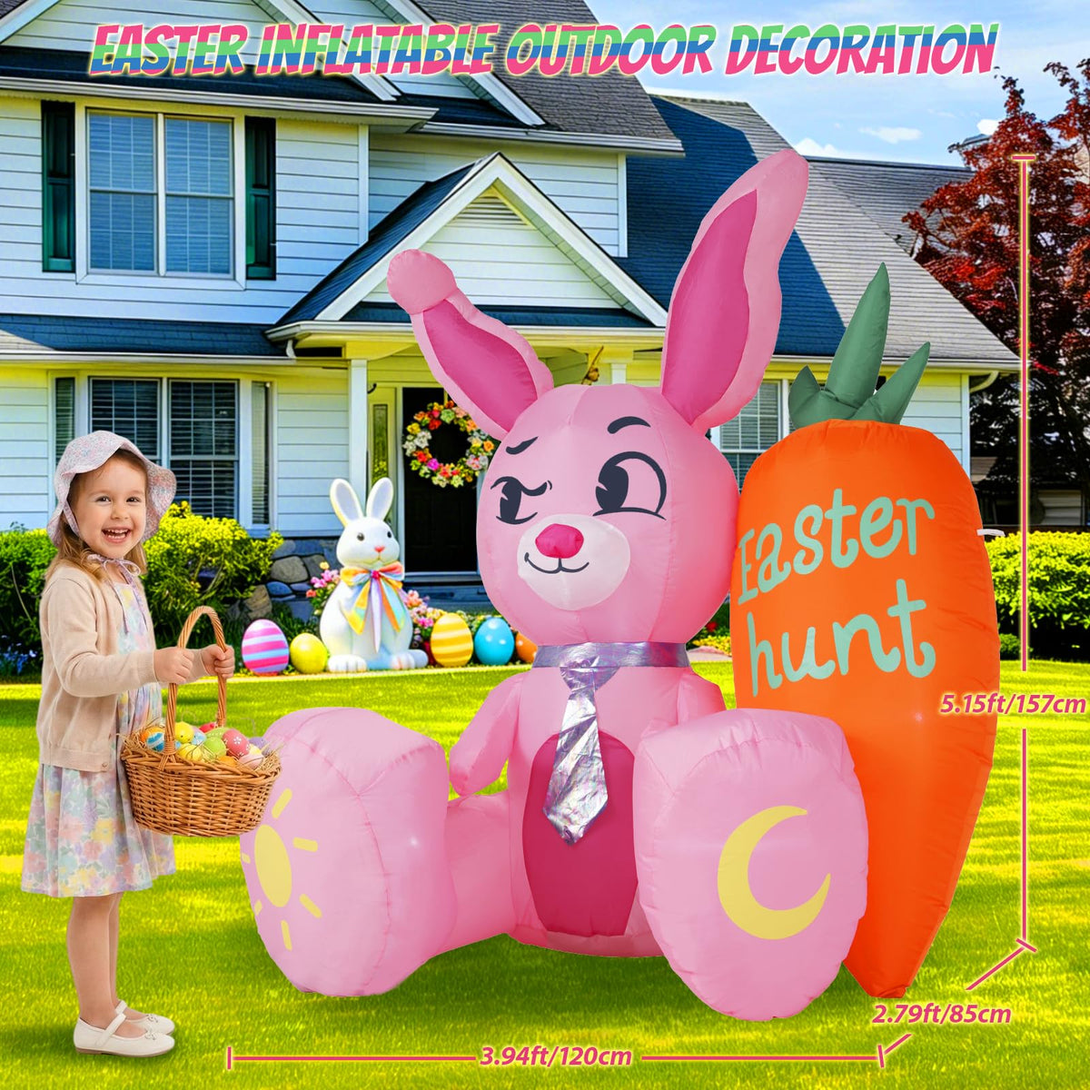 KISSUNY pink bunny with orange carrot, LED glow for nighttime visibility.