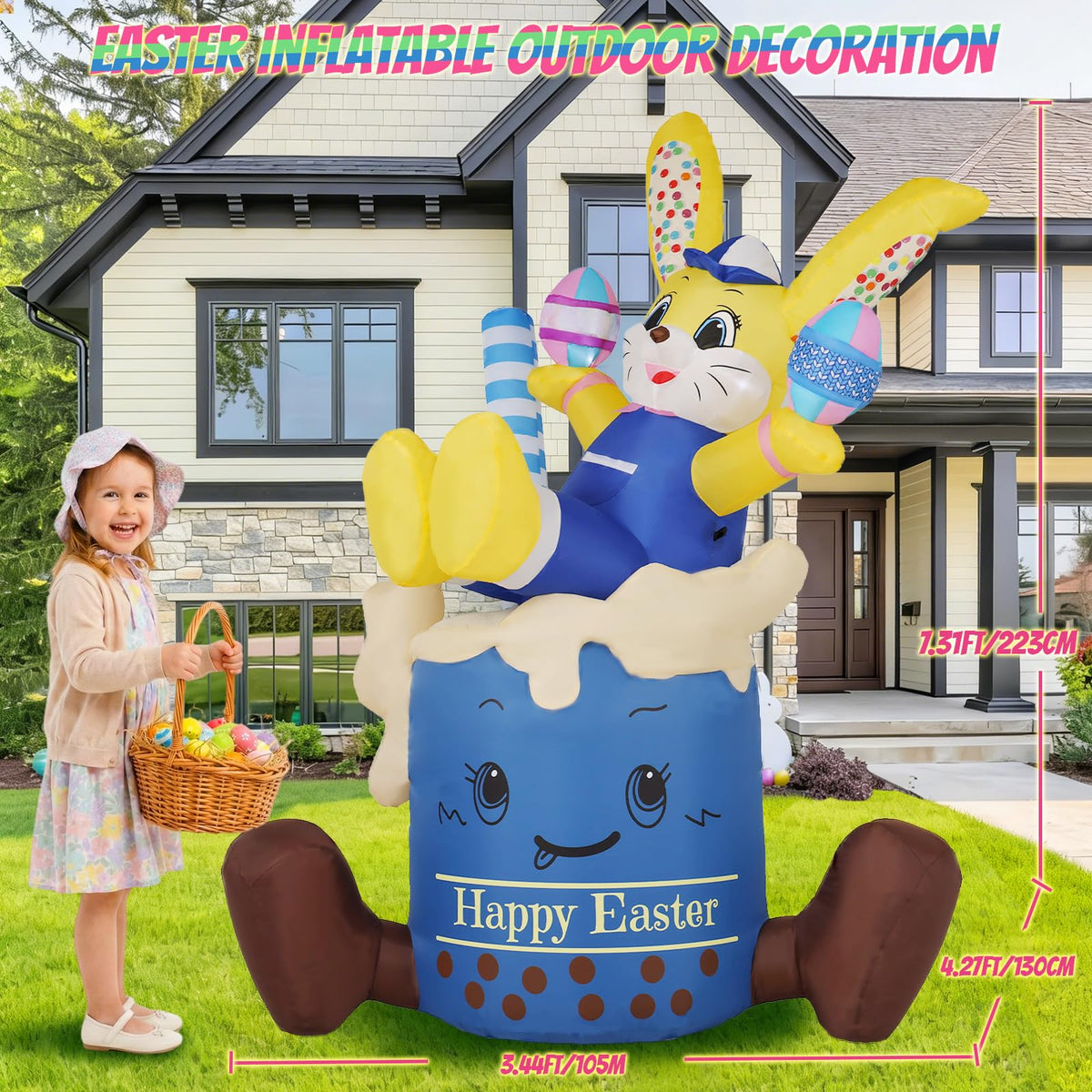 KISSUNY yellow bunny in blue cup with LED lights for day and night ambiance