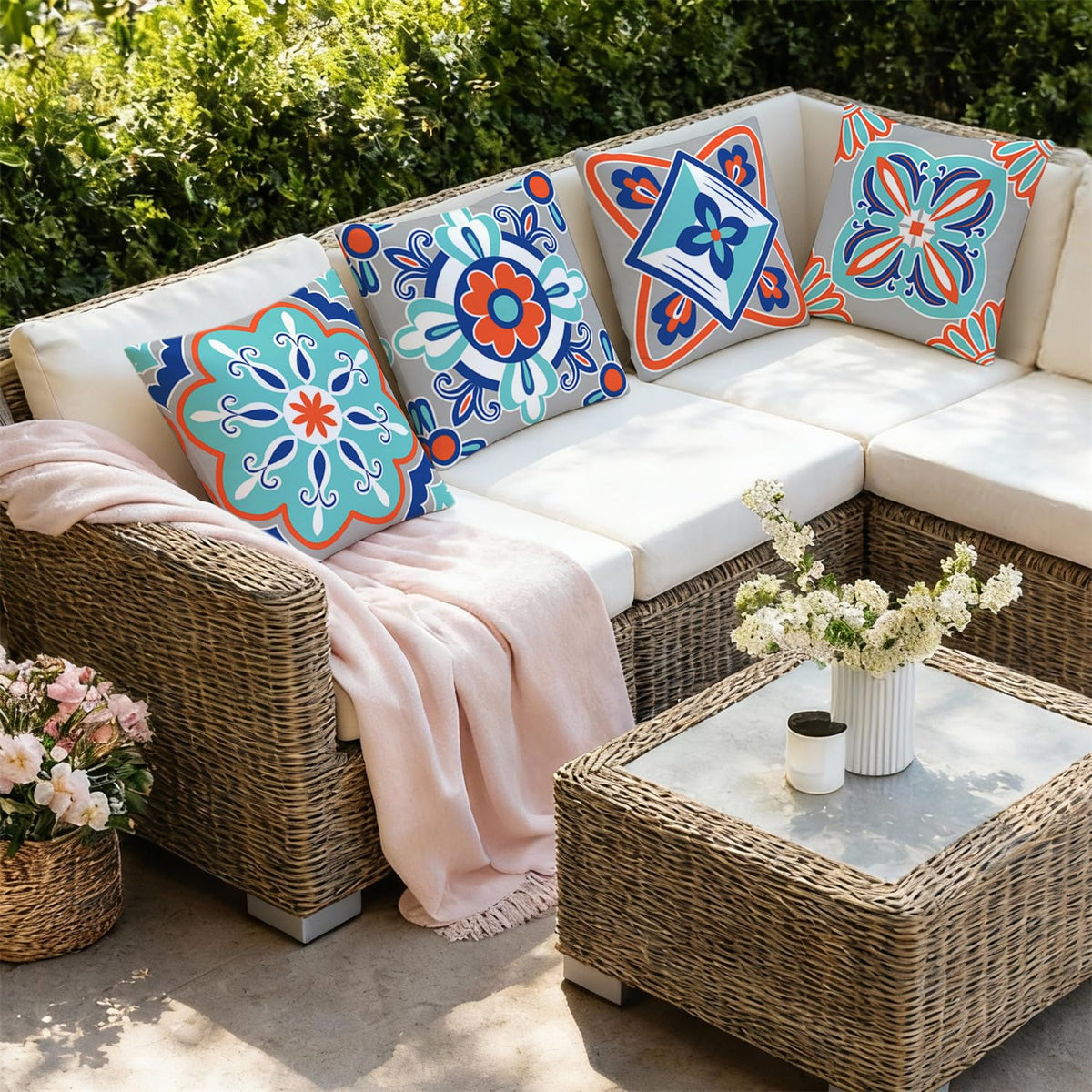 KISVODS set of four outdoor pillow covers ready for quick refresh on seating.