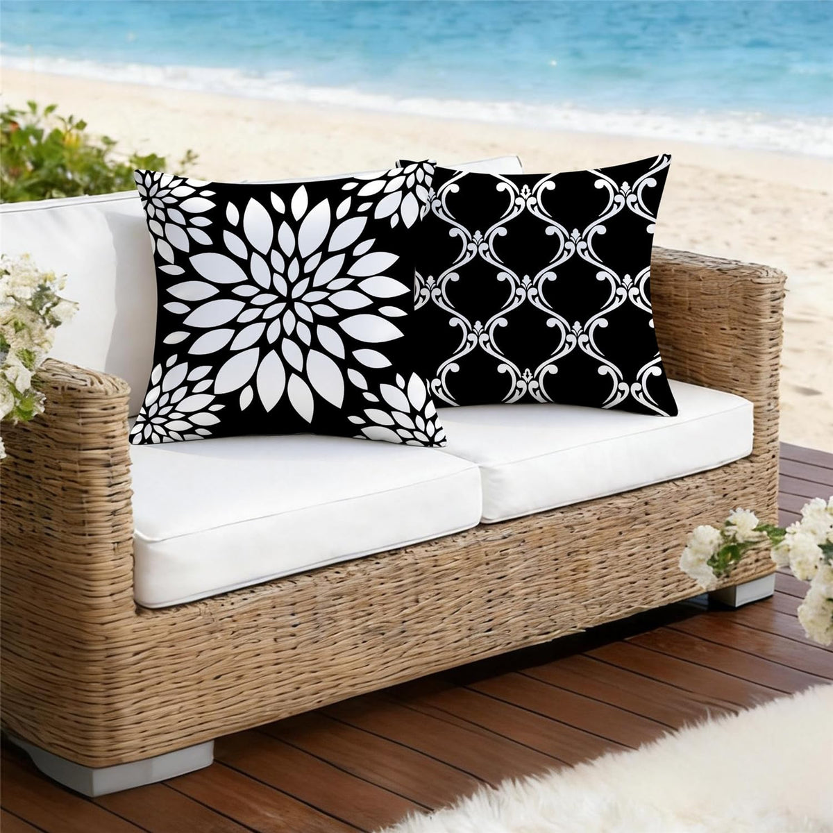 KISVODS patio decor with boho geometric design on outdoor cushions for versatile styling.