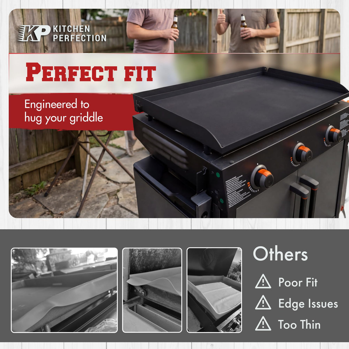 Kitchen Perfection 36-inch silicone griddle cover compatible with hooded Blackstone models.