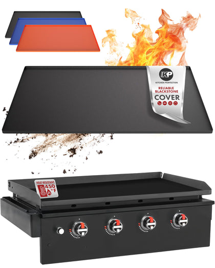 Kitchen Perfection 36-inch silicone griddle cover fitted on a Blackstone griddle for rust protection.