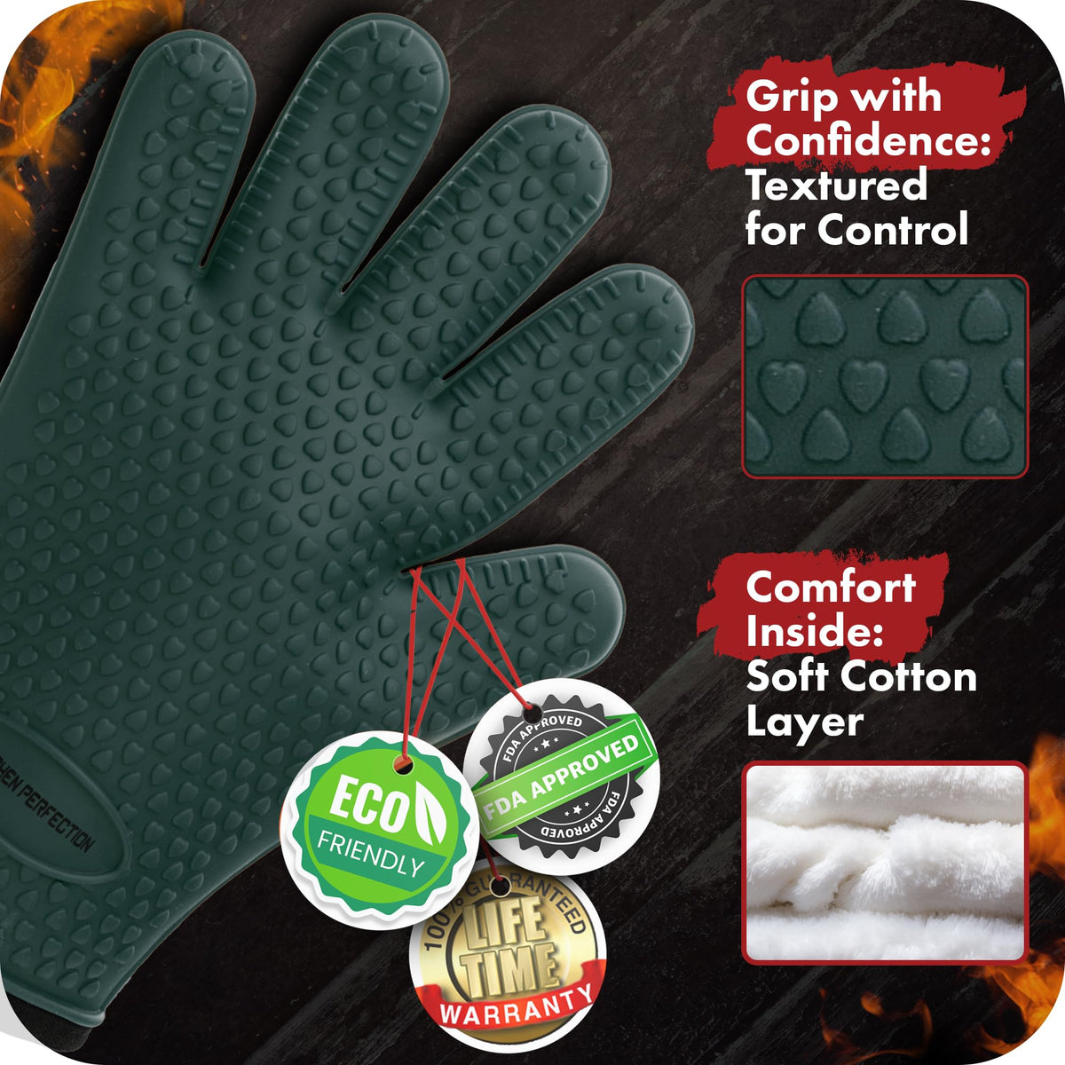 Kitchen Perfection flexible gloves – comfortable fit for long cooks.
