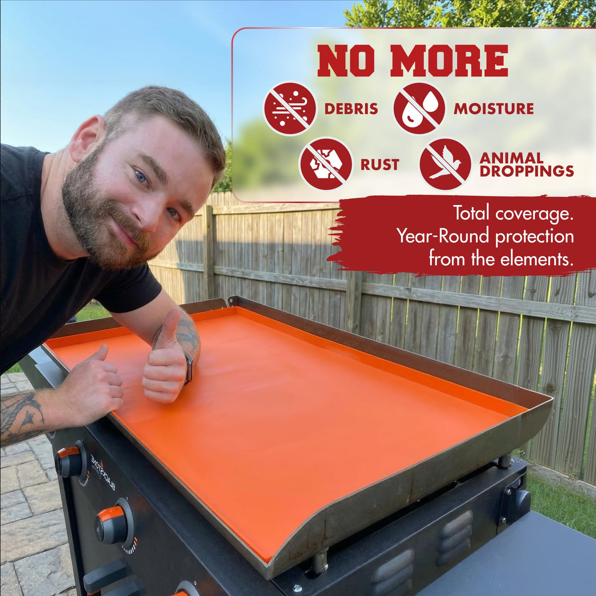Kitchen Perfection in-use silicone cover protects seasoning after grilling on Blackstone.