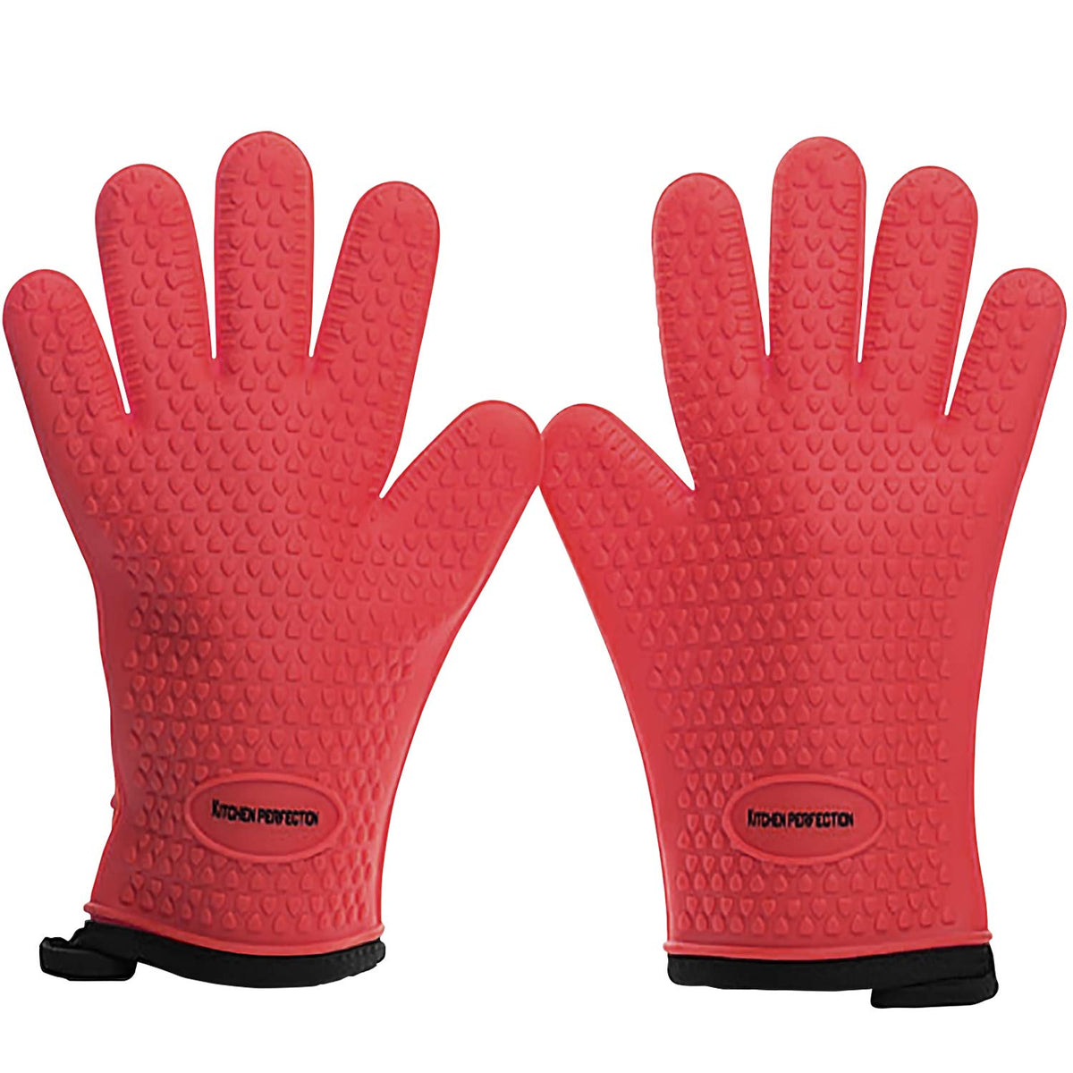 Kitchen Perfection silicone smoker gloves showing 11-inch heat-proof length for safe grill handling.