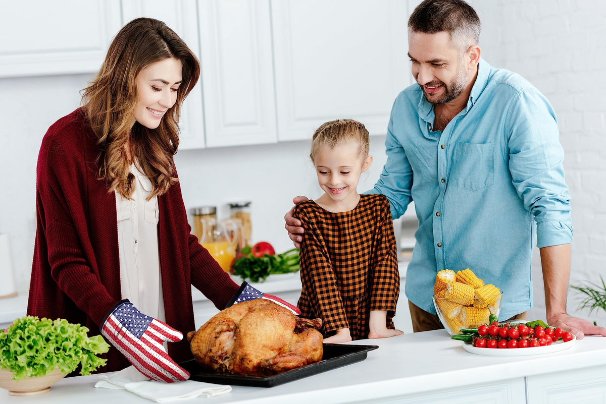Kitchen Perfection traeger-weber compatible gloves illustrate versatile use on large grills