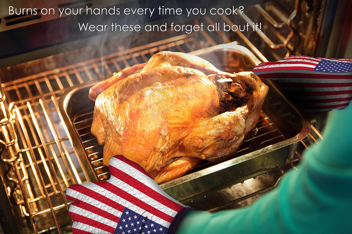 Kitchen Perfection waterproof oven mitts emphasize non-slip grip during hot handling