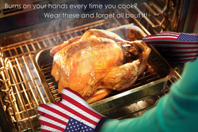 Kitchen Perfection waterproof oven mitts emphasize non-slip grip during hot handling