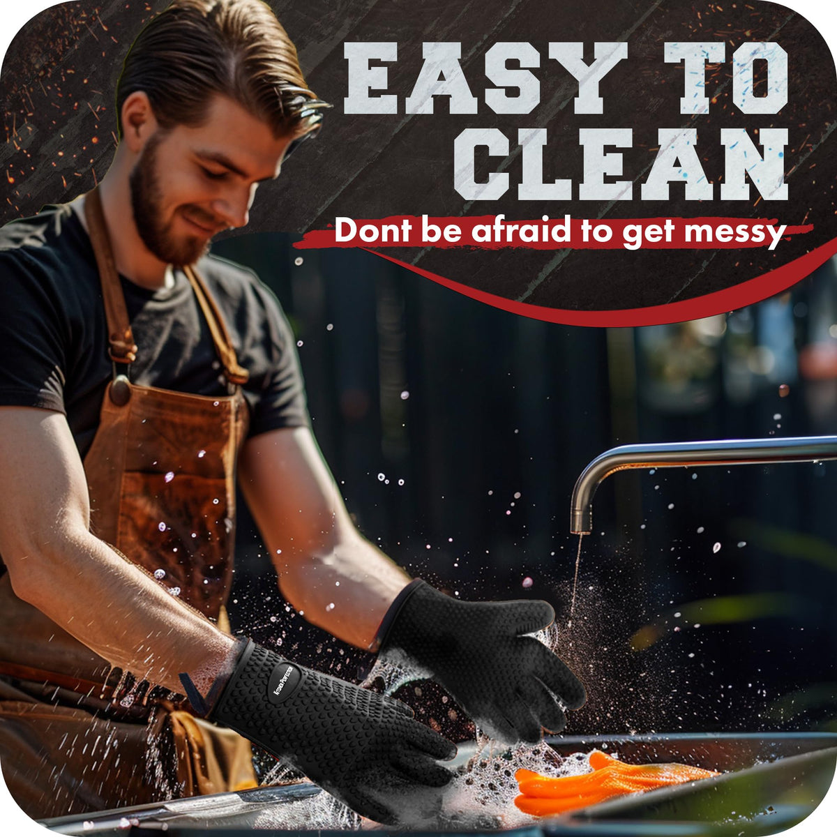 Kitchen Perfection XL gloves highlight waterproof design for sauces and splashes
