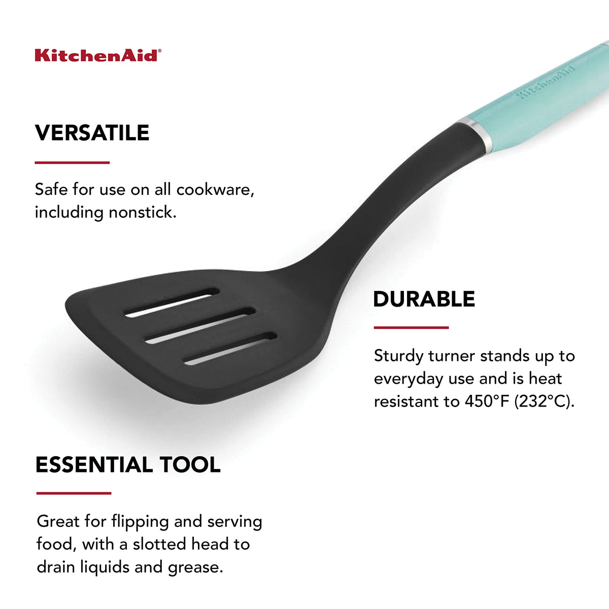 KitchenAid slotted turner Aqua Sky dishwasher-safe design for quick cleanup