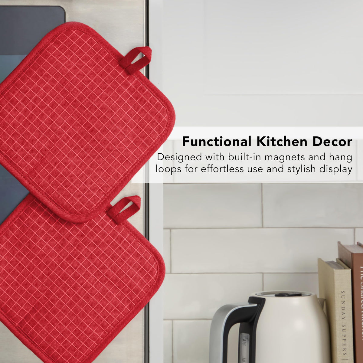 KitchenAid Gridlines pot holder includes magnets and hanging loop for easy storage