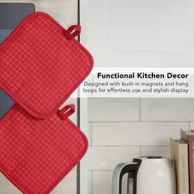 KitchenAid Gridlines pot holder includes magnets and hanging loop for easy storage
