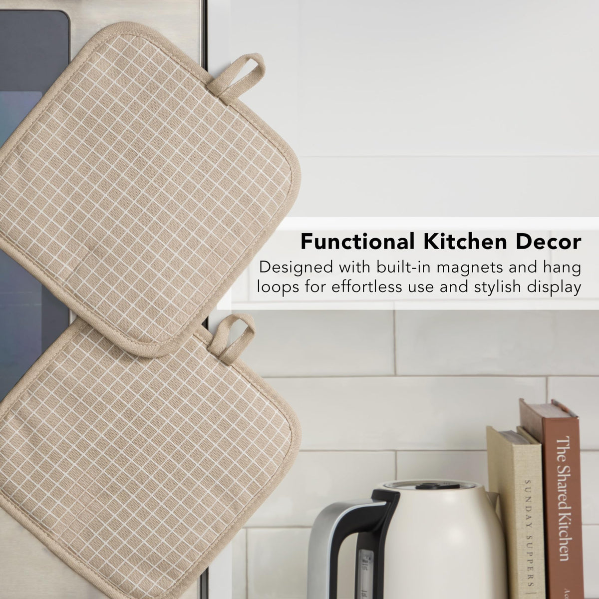 KitchenAid machine-washable pot holders for easy cleaning after cooking.
