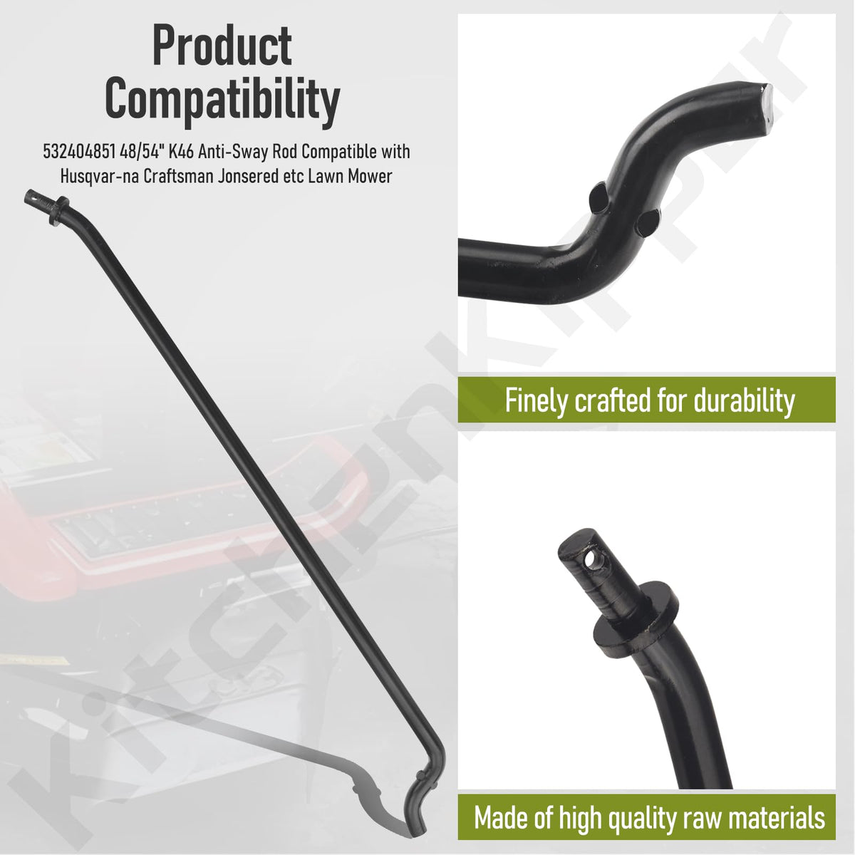 KitchenKipper anti-sway rod shown with Husqvarna models demonstrates broad compatibility.