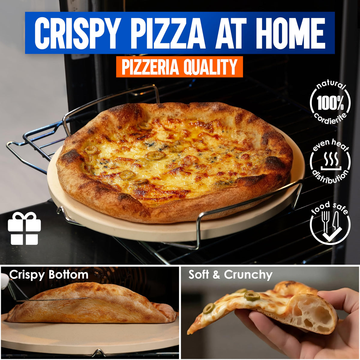 KitchenStar pizza stone on stainless steel rack for safe placement
