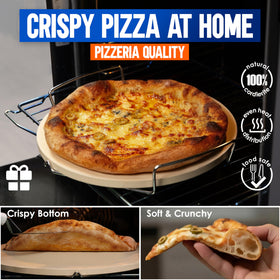 KitchenStar pizza stone on stainless steel rack for safe placement