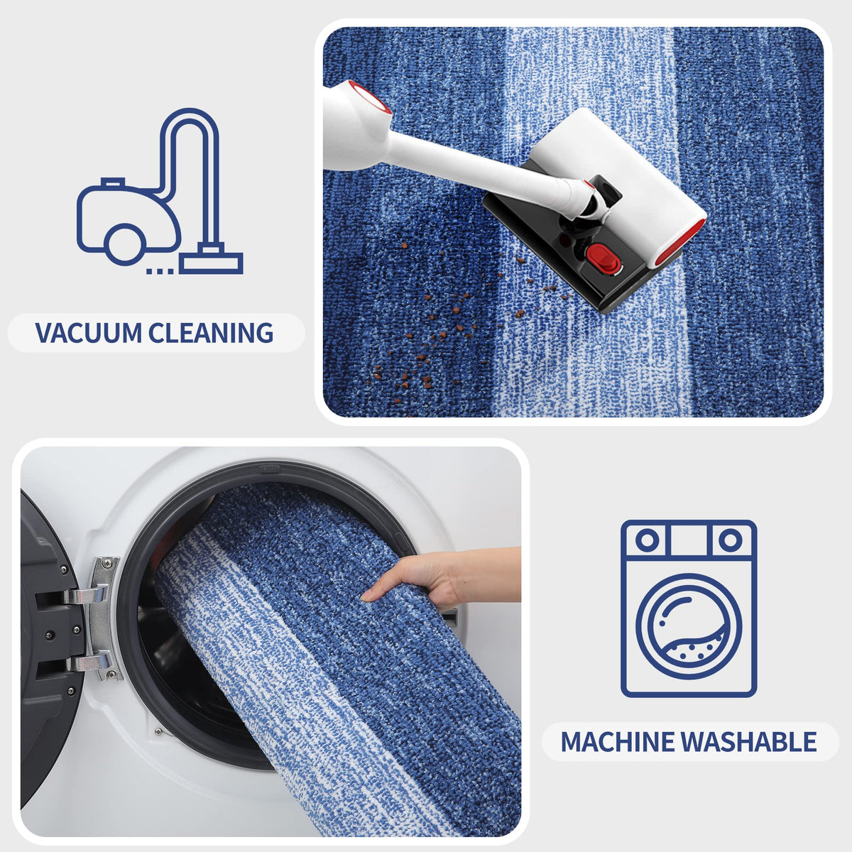 Kitinjoy navy blue entry mat is machine washable for easy care.