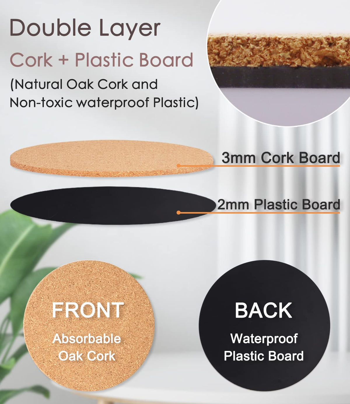 KITLAB round cork trivet plant base provides stable placement.