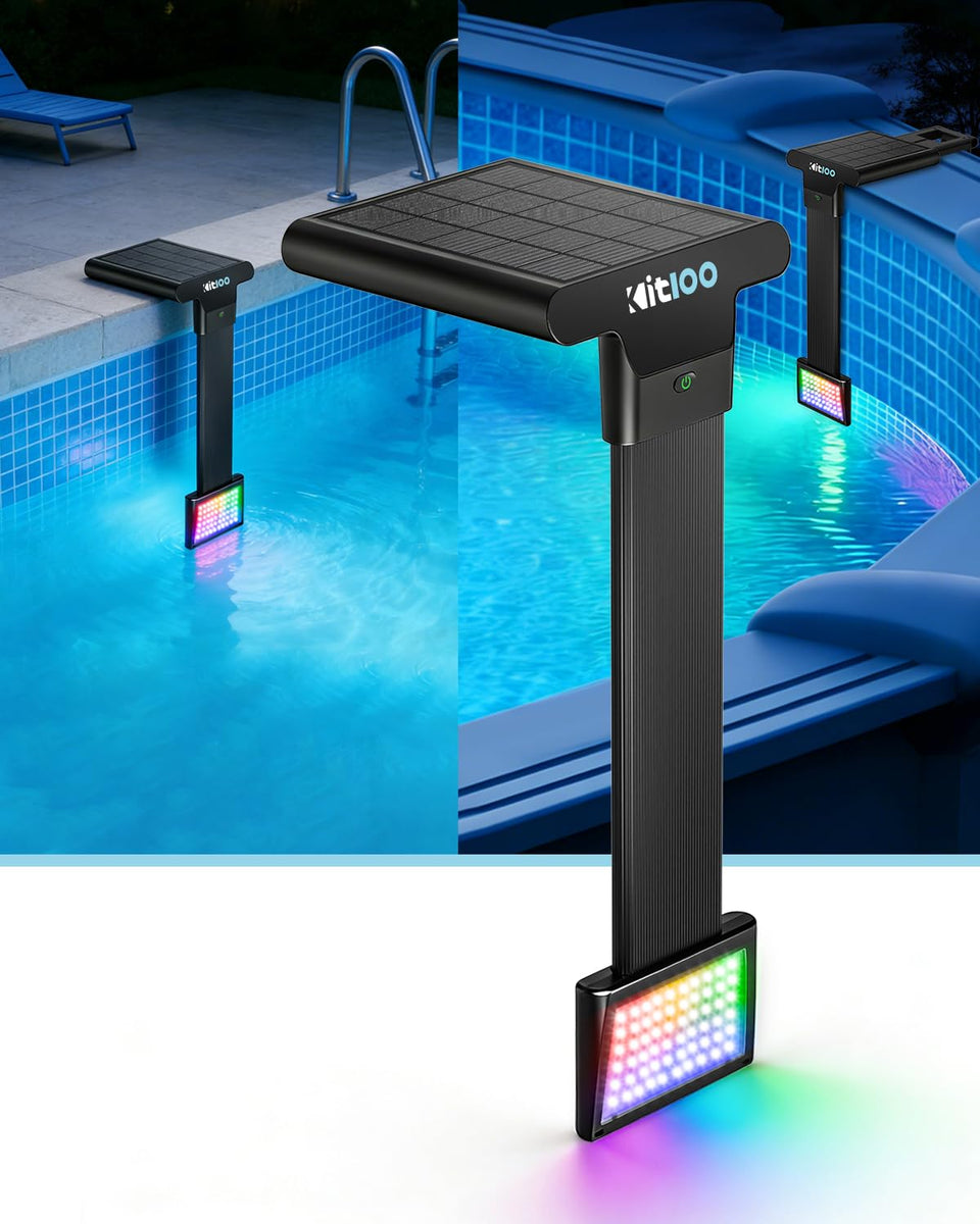 Kitloo solar pool light setup shows edge-fit installation for in-ground and steel-wall pools.