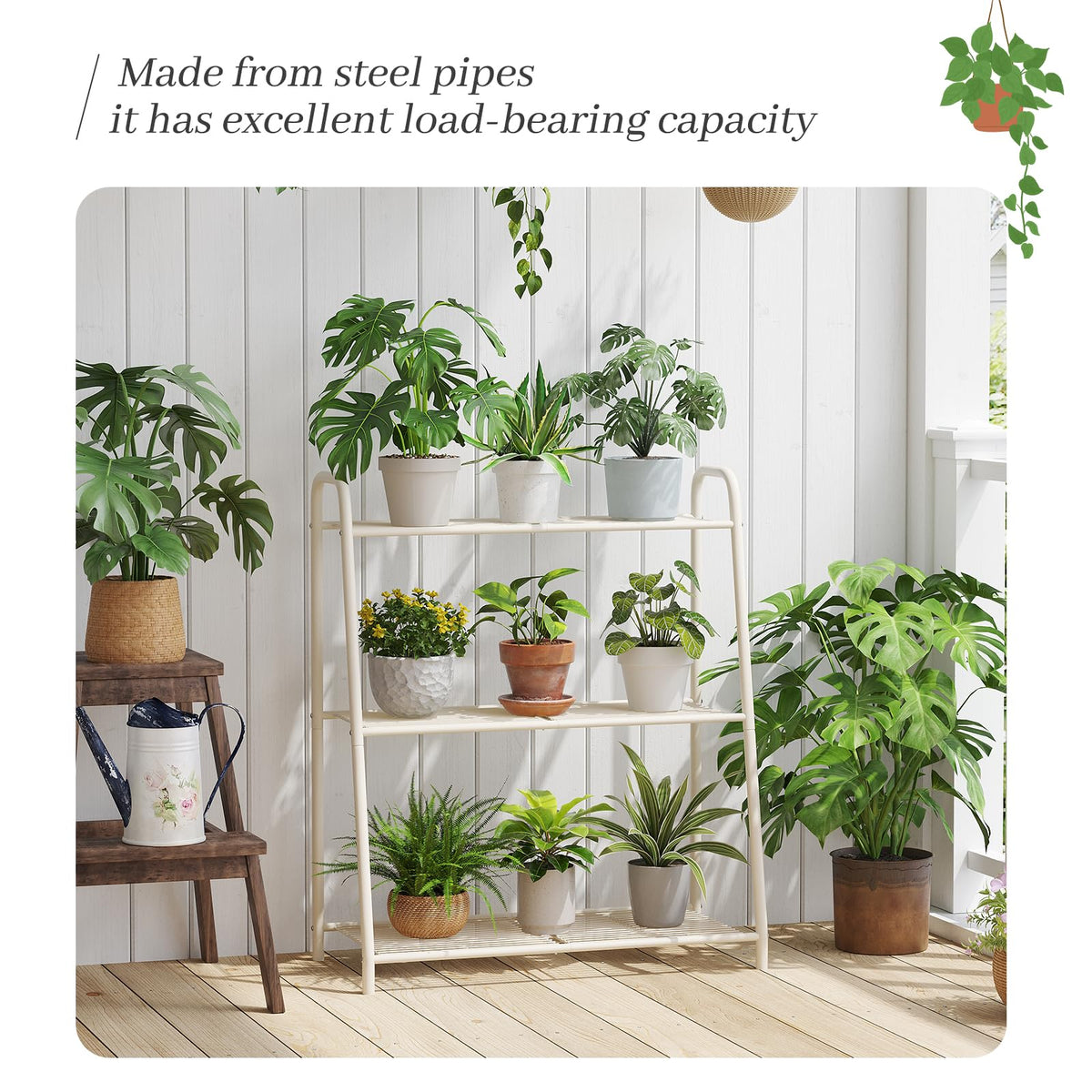 Kitsanery heavy-duty stand on balcony supports multiple plant pots.