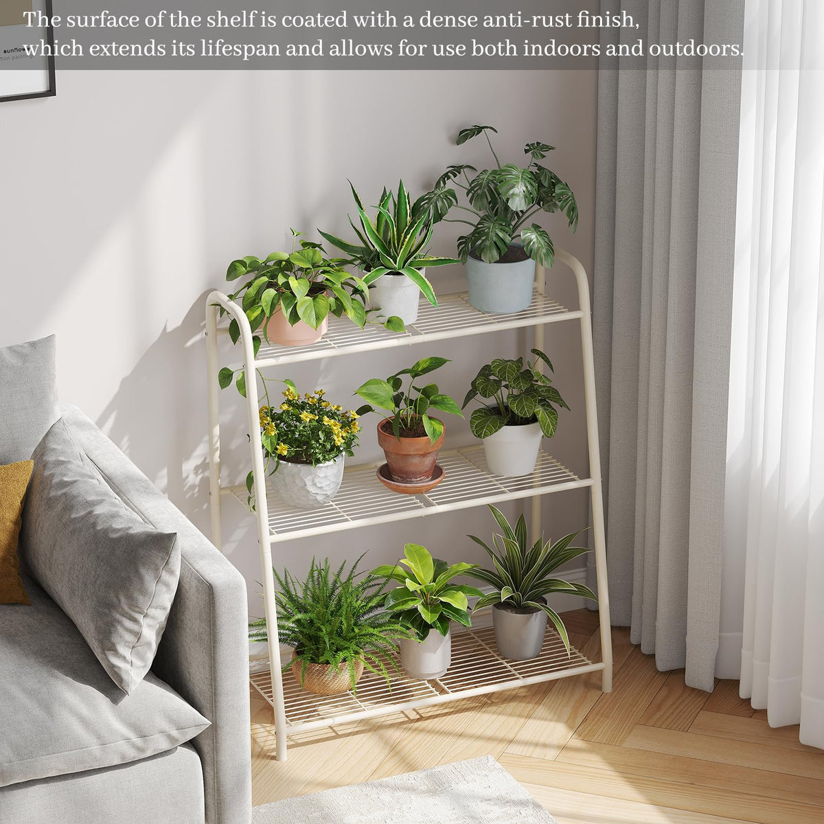 Kitsanery ladder-style shelf for living room organizes plants attractively.