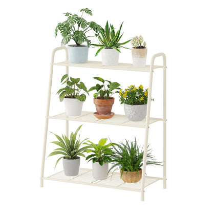 Kitsanery 3-tier metal plant stand white for indoor and outdoor display and space saving.