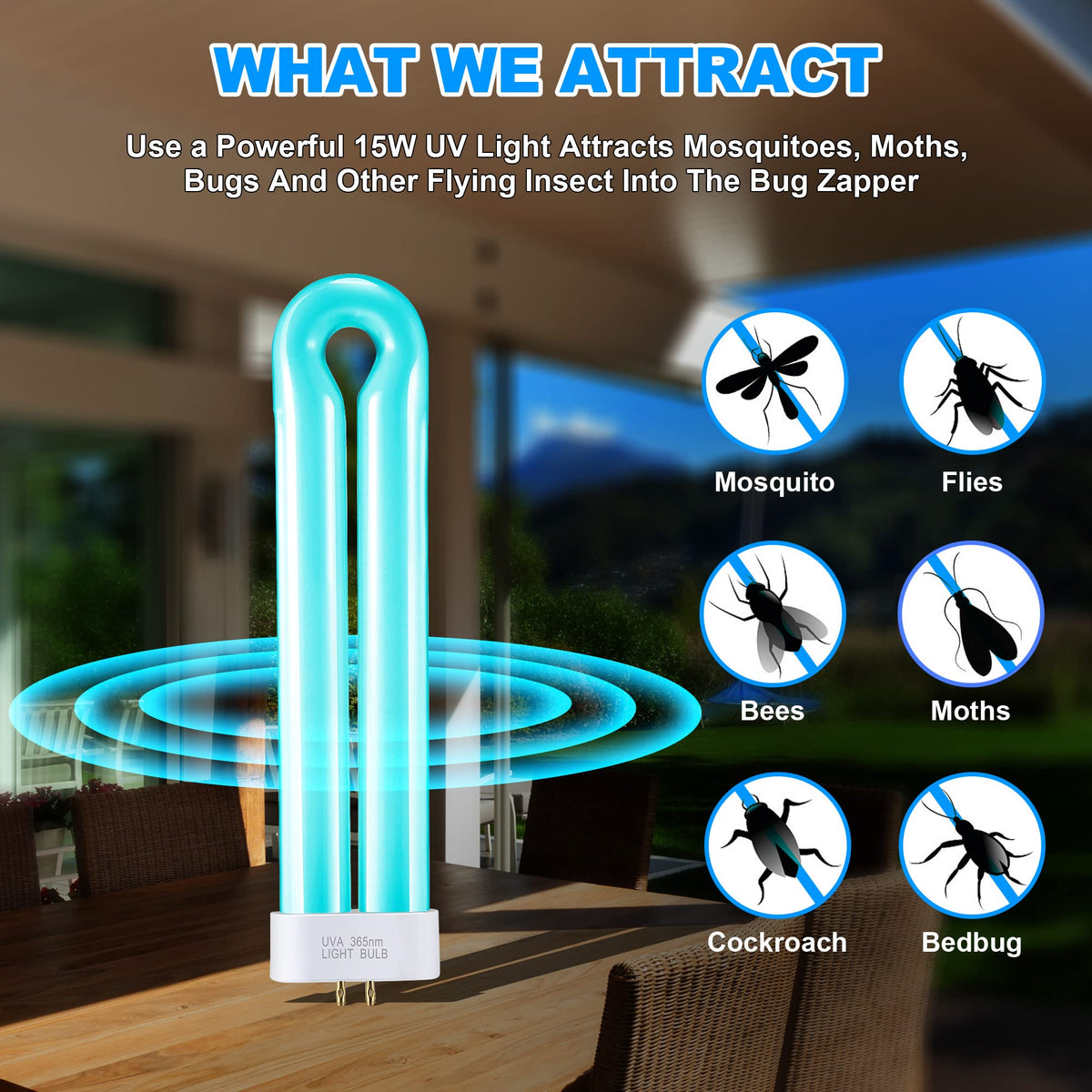 Kittmip U-shaped bulb provides 360-degree coverage for wide-area attraction.