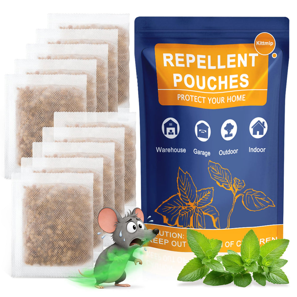 Kittmip mouse repellent pouches pack shows natural plant oils for scent-based protection.