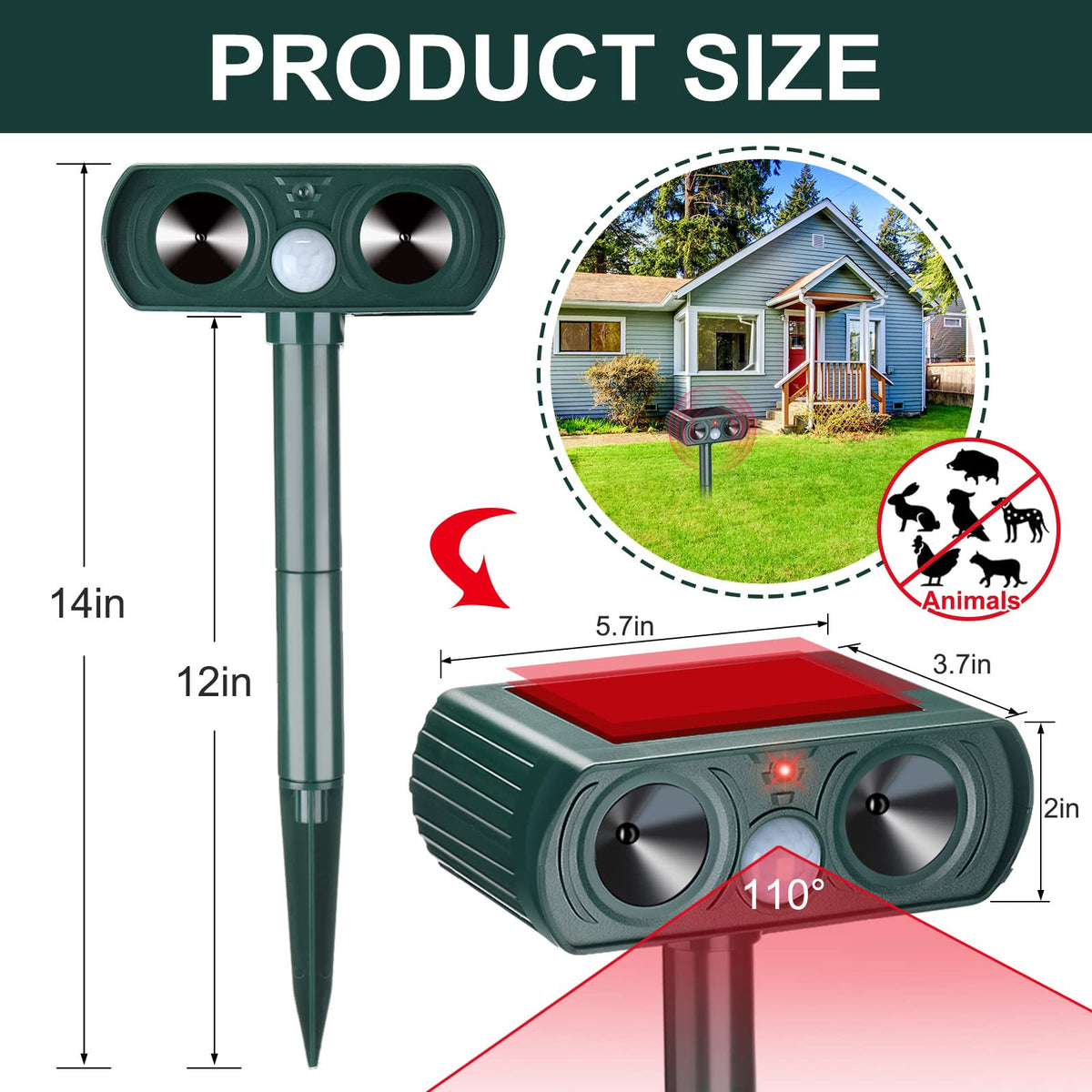 Kittmip 3-pack solar animal repeller side view enhances yard protection